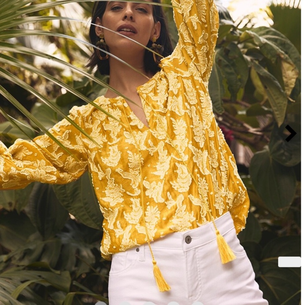 Lemon yellow Jacquard 3D white floral peasant tunic tassel v-neck 3/4 sleeve - Picture 11 of 11